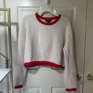 French Connection 100% Cotton Waffle Knit Cropped Sweater Red Trim